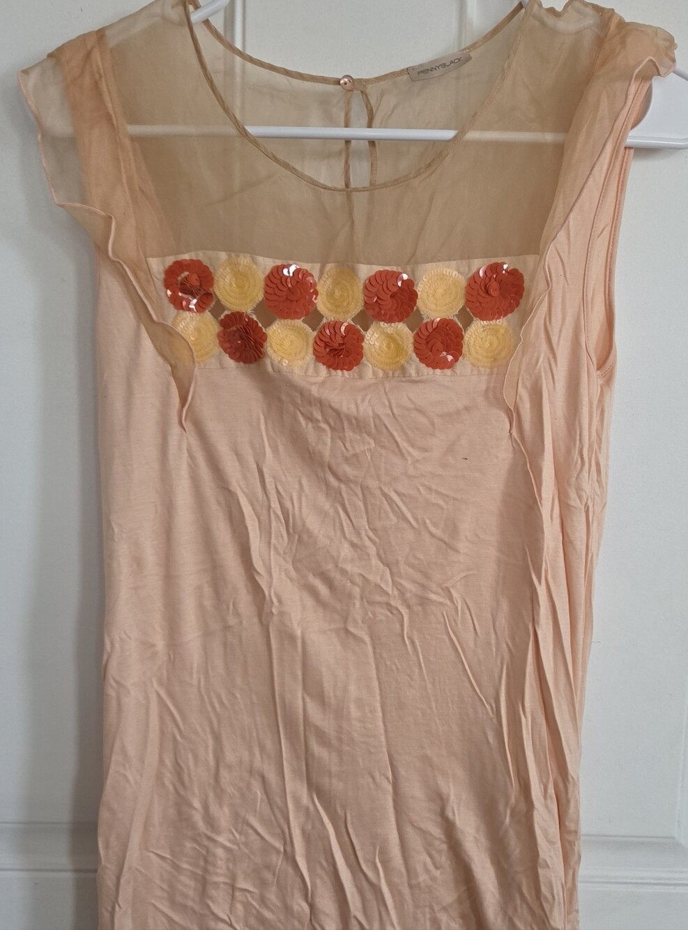 Vintage Peach Short Sleeve Tee with Orange & Yellow Rosette Detail ( T99)